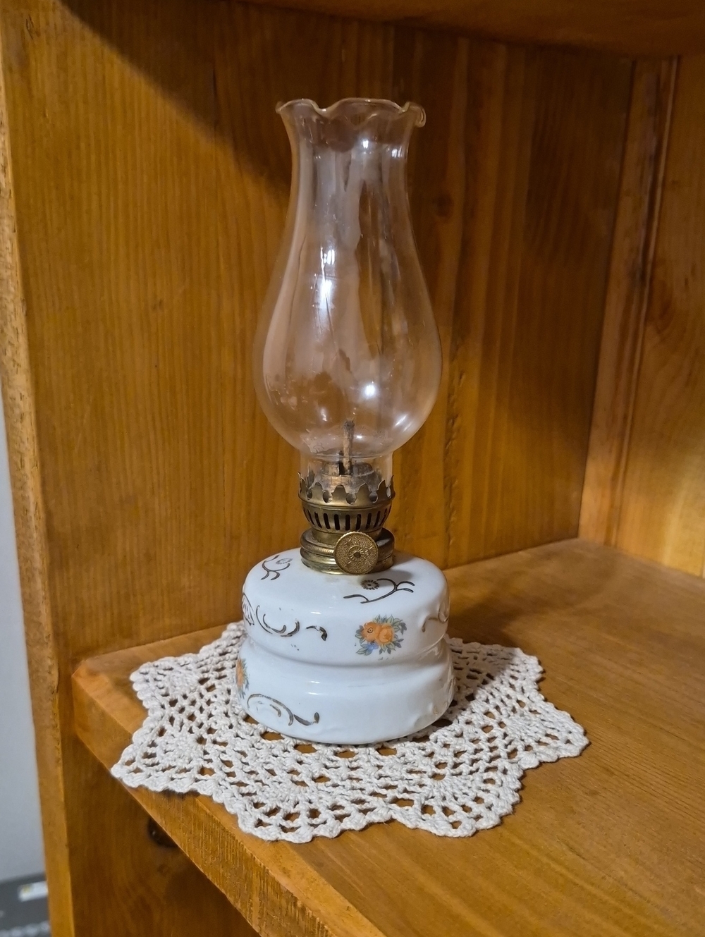 White Porcelain Floral Oil Lamp with Brass Accents